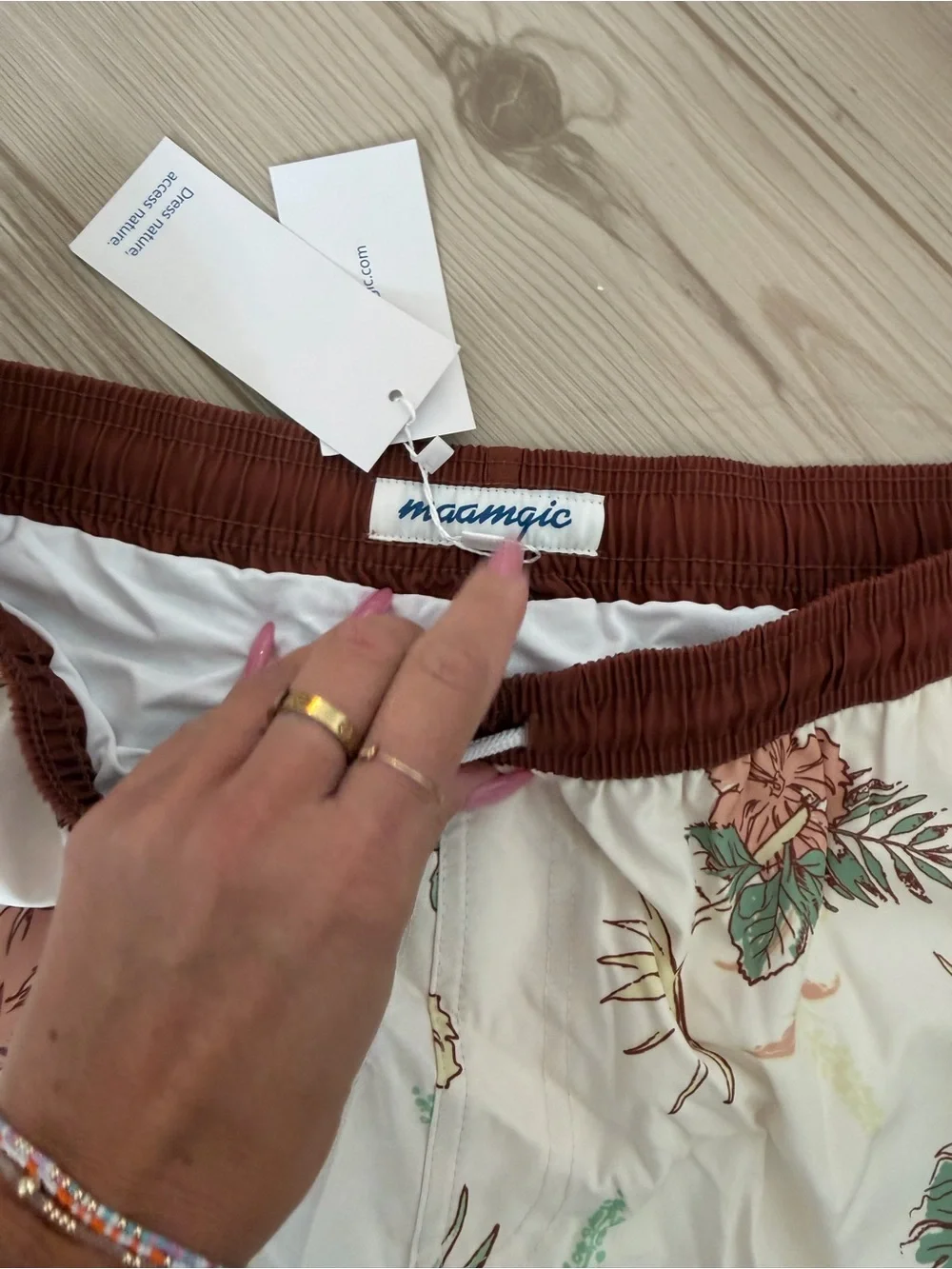 Men's Floral Cream Swim Trunks with Brown Trim